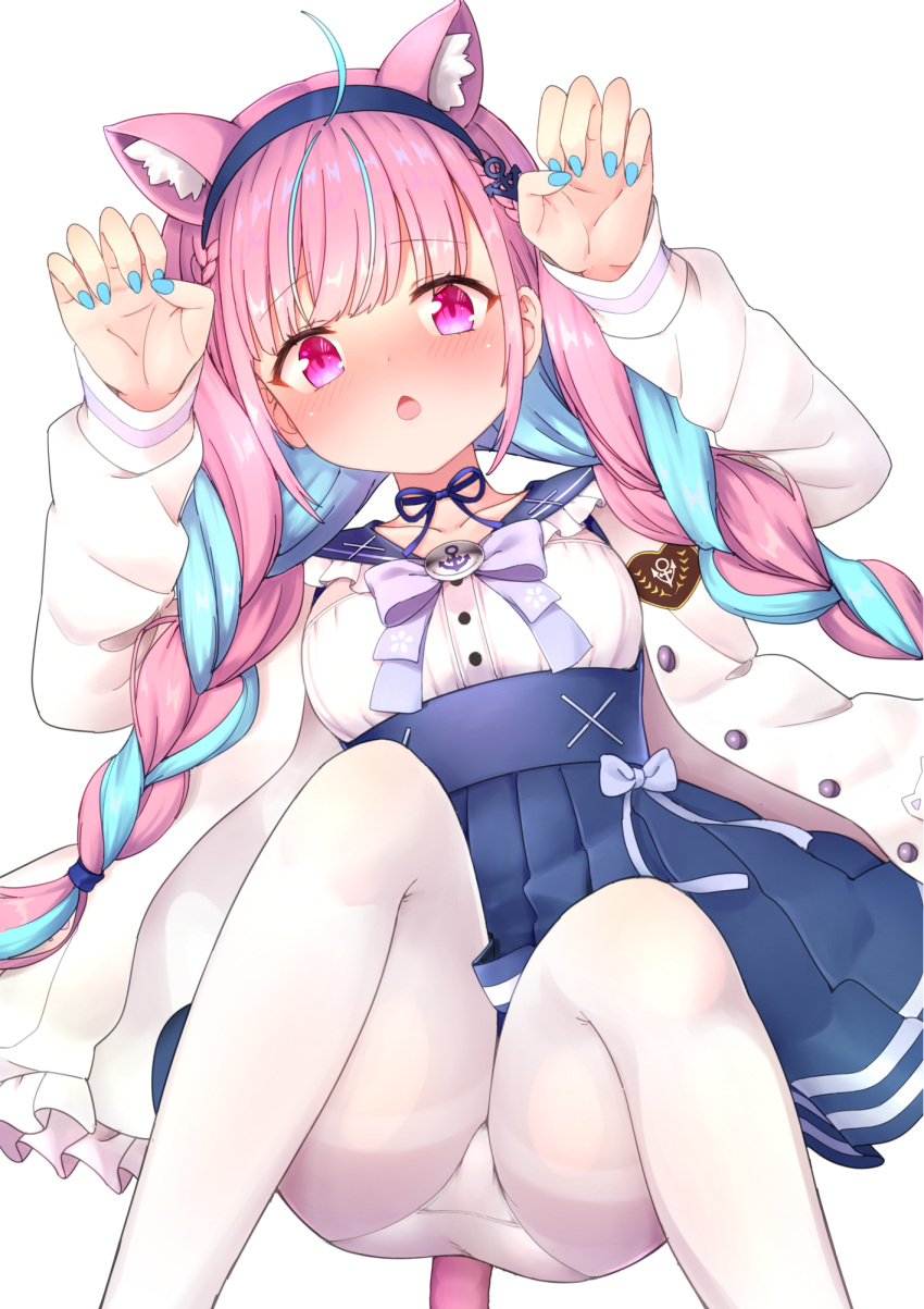 1girl ahoge animal_ears bangs blue_hair blue_hairband blue_nails blue_ribbon blue_sailor_collar blue_skirt braid breasts cat_ears cat_girl cat_tail chestnut_mouth claw_pose eyebrows_visible_through_hair faubynet feet_out_of_frame frilled_sailor_collar frills hairband hands_up highres hololive jacket knees_up long_hair looking_at_viewer lying medium_breasts minato_aqua multicolored_hair nail_polish on_back open_clothes open_jacket open_mouth pantyhose pink_hair pleated_skirt purple_hair ribbon sailor_collar shirt simple_background skirt solo tail tail_ribbon thighband_pantyhose twin_braids twintails two-tone_hair very_long_hair virtual_youtuber white_background white_jacket white_legwear white_shirt