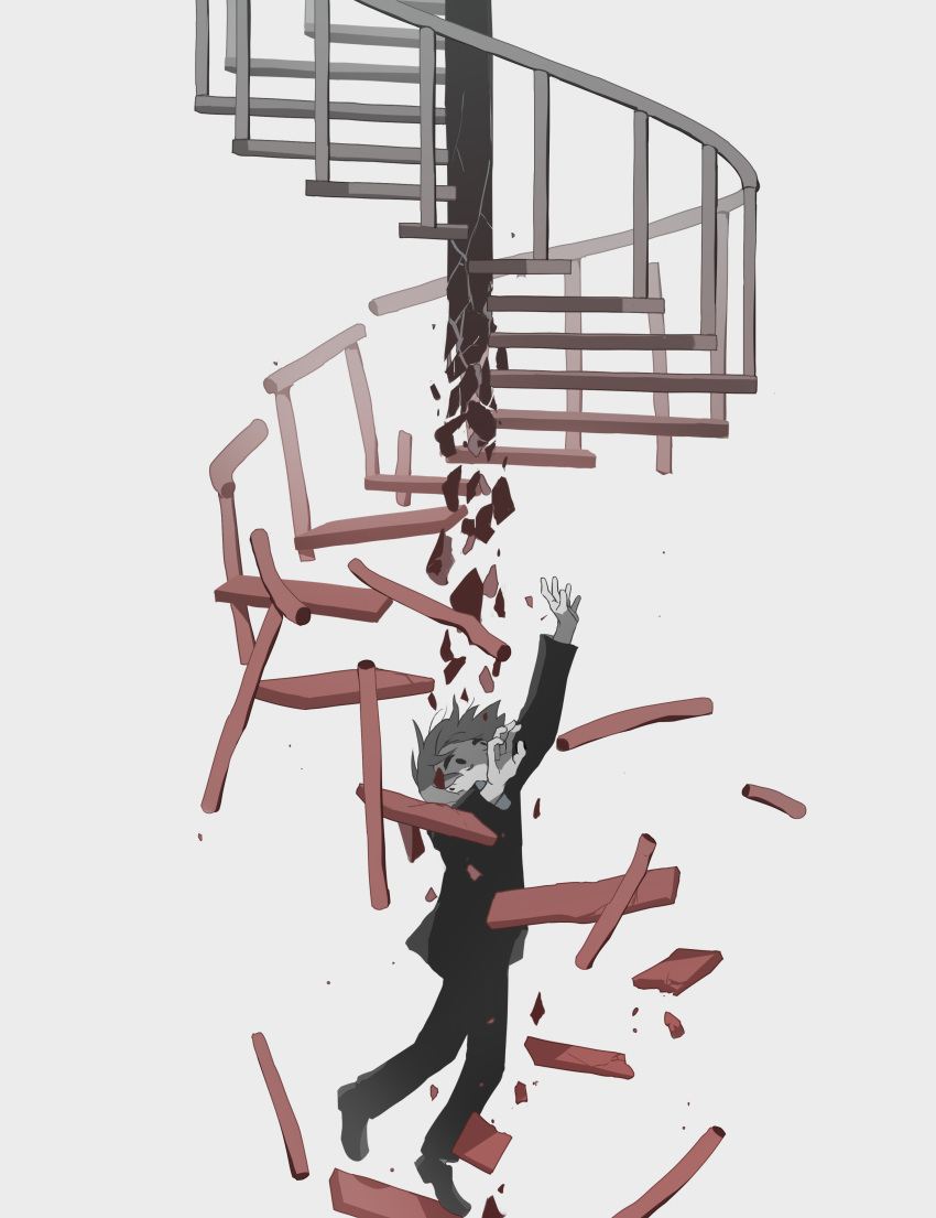 1other absurdres ambiguous_gender arms_up avogado6 black_clothes breaking brown_hair commentary crack falling full_body gakuran highres looking_up original pole reaching school_uniform shards simple_background spiral_staircase stairs white_background