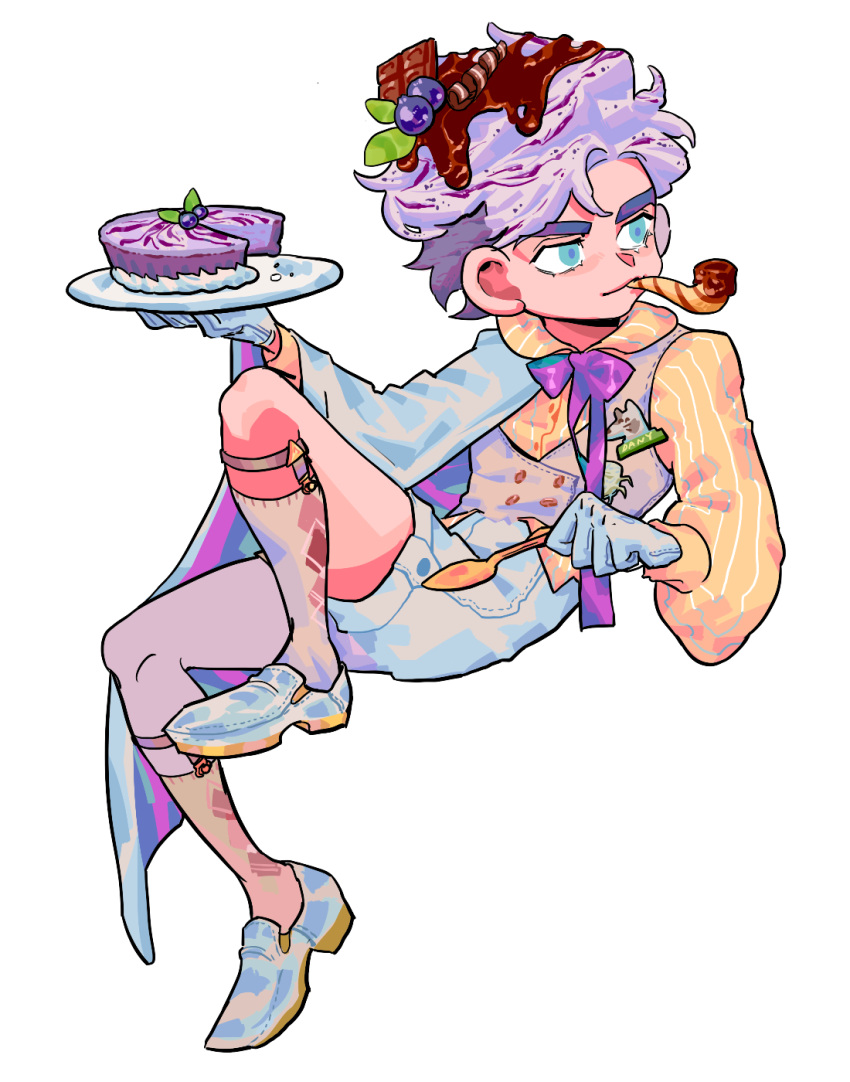 1boy argyle blue_eyes bow bowtie bulzizzang cake cape cheesecake chocolate_syrup food food_on_head full_body gloves highres holding holding_plate jojo_no_kimyou_na_bouken jonathan_joestar long_sleeves mouth_hold object_on_head phantom_blood pipe plate puffy_long_sleeves puffy_sleeves purple_hair purple_neckwear shirt shoes shorts simple_background socks solo vest white_background white_cape white_footwear white_gloves white_shorts yellow_shirt