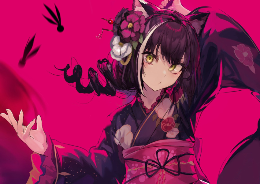 1girl akieda alternate_costume alternate_hairstyle animal_ear_fluff animal_ears arm_up bangs cat_ears closed_mouth commentary_request drill_hair floral_print flower green_eyes hair_flower hair_ornament hand_up highres holding japanese_clothes karyl_(princess_connect!) kimono long_hair long_sleeves looking_at_viewer multicolored_hair obi pink_background princess_connect! princess_connect!_re:dive purple_hair purple_kimono red_flower sash solo streaked_hair upper_body white_flower wide_sleeves