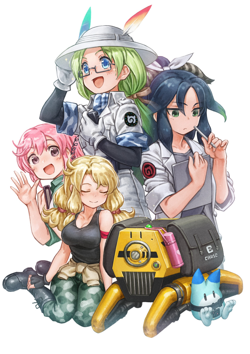 4girls armband black_footwear black_shirt black_sleeves blonde_hair blue_eyes blue_hair blush boots calenda_(kemono_friends) camouflage camouflage_pants camouflage_trim clipboard closed_eyes coat commentary_request eyebrows_visible_through_hair feathers flicky_(kemono_friends) glasses gloves green_eyes green_hair grey_skirt hair_feathers hair_tie hand_on_headwear helmet highres kako_(kemono_friends) kemono_friends kemono_friends_3 khakis labcoat lain long_hair looking_at_viewer lucky_beast_(kemono_friends) mirai_(kemono_friends) multiple_girls nana_(kemono_friends) pants pink_hair pith_helmet robot shirt short_hair sitting skirt sleeveless tank_top uniform violet_eyes waving white_coat white_gloves