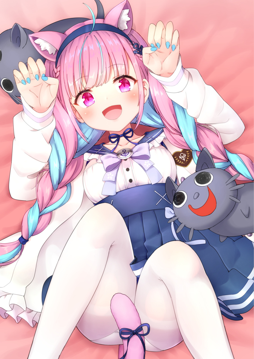 1girl :d ahoge animal_ears bangs bed_sheet blue_hair blue_hairband blue_nails blue_ribbon blue_sailor_collar blue_skirt braid breasts cat_ears cat_girl cat_tail claw_pose commentary_request eyebrows_visible_through_hair faubynet feet_out_of_frame frilled_sailor_collar frills hairband hands_up highres hololive jacket knees_up long_hair looking_at_viewer lying medium_breasts minato_aqua multicolored_hair nail_polish neko_(minato_aqua) on_back open_clothes open_jacket open_mouth pantyhose pink_hair pleated_skirt purple_hair ribbon sailor_collar shirt skirt smile tail tail_ribbon thighband_pantyhose twin_braids twintails two-tone_hair very_long_hair virtual_youtuber white_jacket white_legwear white_shirt