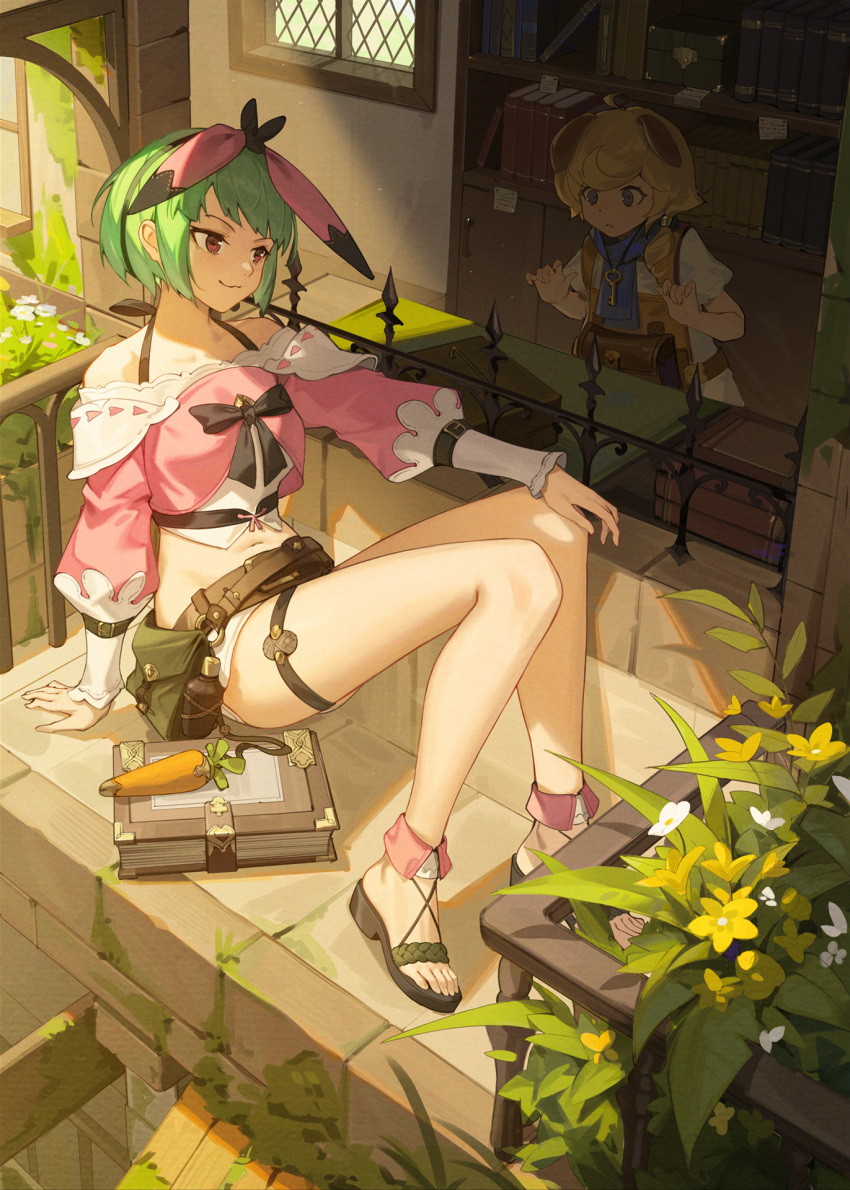 2girls :3 ahoge animal_ears ankle_cuffs arm_rest arm_support belt black_footwear black_ribbon blonde_hair blue_eyes blue_scarf book bookshelf bow carrot dog_ears fence flask flower fly_tutu grass green_hair hair_bow highres key_necklace knees_up looking_at_another midriff moss multiple_girls off_shoulder original pink_bow pink_shirt pouch puffy_sleeves red_eyes ribbon sandals scarf shirt short_hair short_shorts short_sleeves shorts side_ponytail sitting smile strap sunlight white_shirt window