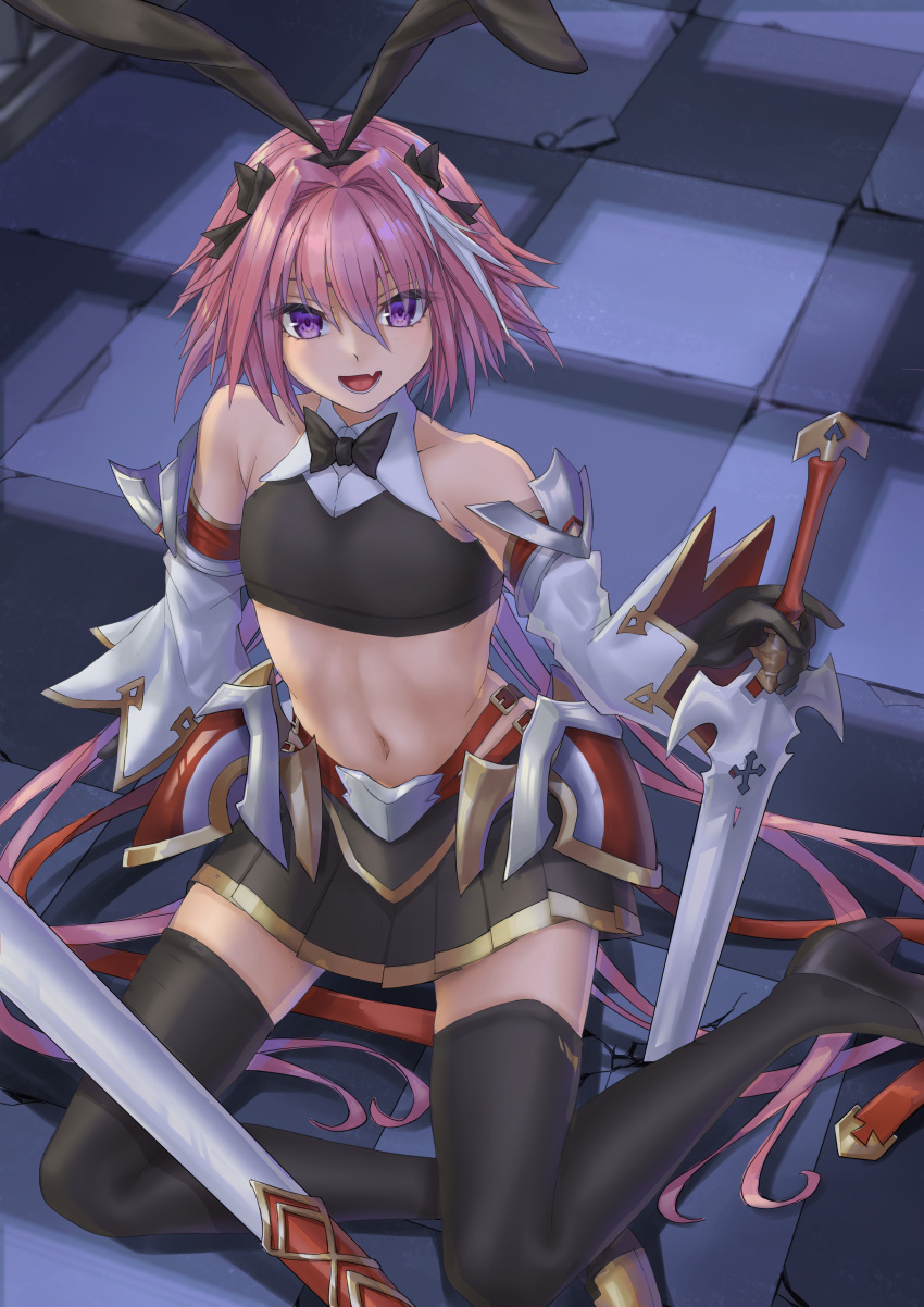 1boy absurdres astolfo_(fate) astolfo_(saber)_(fate) bare_shoulders black_bow black_legwear black_neckwear black_ribbon black_shirt black_skirt blush bow bowtie crop_top detached_sleeves fate/grand_order fate_(series) hair_intakes high_heels highres long_hair long_sleeves looking_at_viewer low_twintails male_focus midriff multicolored_hair navel otoko_no_ko parted_lips pink_hair pleated_skirt puchisakigake ribbon shirt skirt streaked_hair thigh-highs twintails violet_eyes white_hair wide_sleeves
