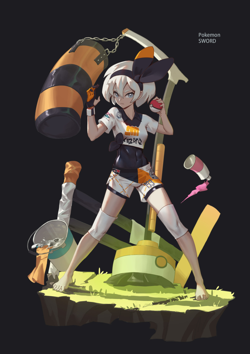 1girl absurdres bangs barefoot bea_(pokemon) black_bodysuit black_hairband bodysuit bodysuit_under_clothes bow_hairband bucket chain collared_shirt commentary copyright_name covered_navel dynamax_band full_body gloves grass grey_eyes grey_hair gym_leader hair_between_eyes hairband hands_up highres holding holding_poke_ball knee_pads legs_apart lidtoking number partially_fingerless_gloves poke_ball poke_ball_(basic) pokemon pokemon_(game) pokemon_swsh print_shirt print_shorts punching_bag shirt short_hair short_sleeves shorts side_slit side_slit_shorts single_glove solo standing tied_shirt toes