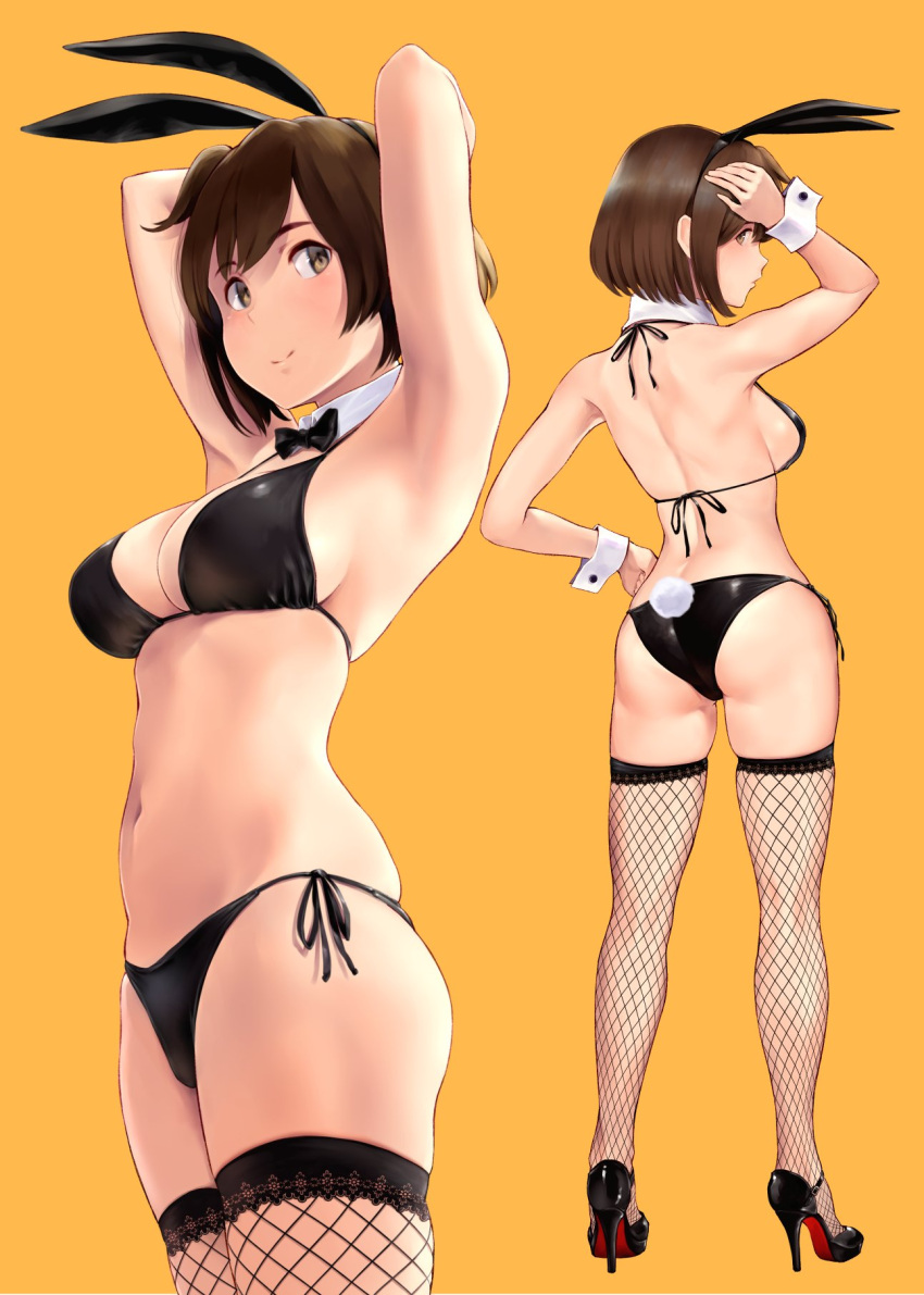 1girl animal_ears armpits arms_up bare_shoulders bikini black_bikini black_footwear breasts brown_eyes brown_hair bunny_tail closed_mouth fake_animal_ears fake_tail hairband high_heels highres hiryuu_(kantai_collection) kantai_collection large_breasts multiple_views navel one_side_up orange_background rabbit_ears short_hair side-tie_bikini side_ponytail simple_background skindentation smile stomach swimsuit tail thighs wa_(genryusui) wrist_cuffs
