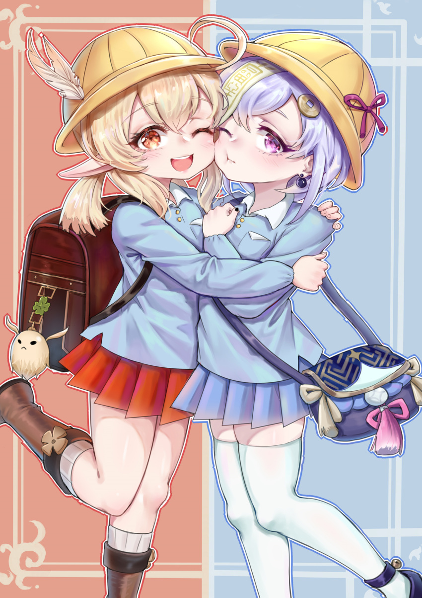 2girls ;d ;t ahoge ai_hua_hua_de_tianxian_baobao alternate_costume backpack bag bag_charm black_footwear blonde_hair blue_outline blue_shirt blue_skirt blush boots brown_footwear charm_(object) closed_mouth collared_shirt commentary_request feathers genshin_impact hair_ornament hat hat_feather highres hug kindergarten_uniform klee_(genshin_impact) knee_boots kneehighs long_hair low_twintails multiple_girls ofuda one_eye_closed open_mouth outline pleated_skirt pointy_ears purple_hair qiqi red_eyes red_outline red_skirt ribbed_legwear school_hat shirt shoes shoulder_bag sidelocks skirt smile standing standing_on_one_leg thigh-highs twintails violet_eyes white_feathers white_legwear white_shirt yellow_headwear