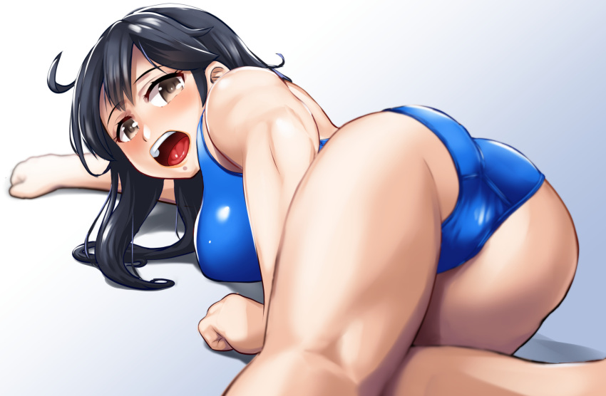 1girl ahoge all_fours ass black_hair blue_swimsuit breasts brown_eyes competition_school_swimsuit competition_swimsuit embarrassed feet_out_of_frame from_behind gradient gradient_background grey_background highleg highleg_swimsuit highres kantai_collection large_breasts long_hair looking_at_viewer looking_back one-piece_swimsuit open_mouth solo swimsuit upper_teeth ushio_(kantai_collection) yellow_quokka