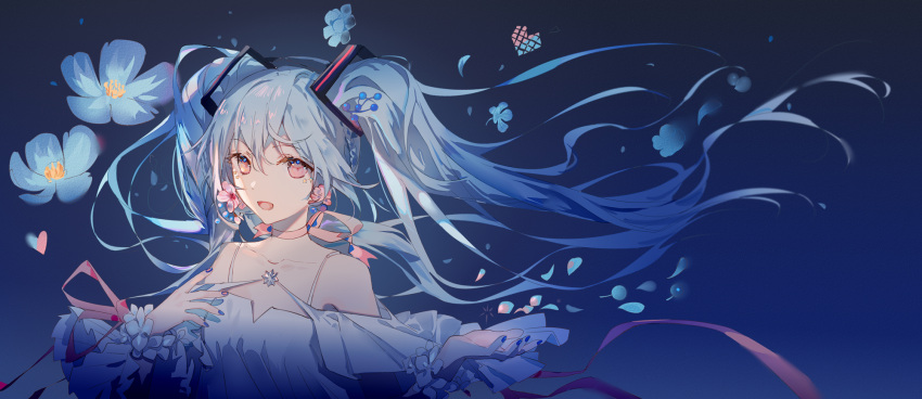 1girl :d bangs bare_shoulders blue_background blue_flower blue_hair blue_nails choker collarbone commentary dress eyebrows_visible_through_hair facial_mark floating_hair flower fre gradient gradient_background hair_between_eyes hair_ornament hand_up hatsune_miku highres long_hair looking_at_viewer nail_polish off-shoulder_dress off_shoulder open_mouth petals pink_ribbon red_eyes ribbon ribbon_choker smile solo star_(symbol) twintails upper_body very_long_hair vocaloid white_dress