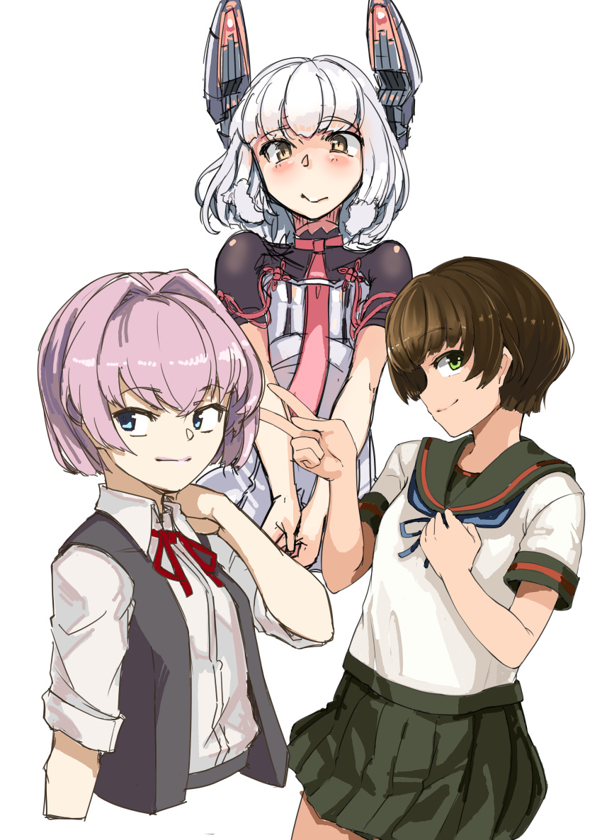 absurdres alternate_hair_length alternate_hairstyle black_hair black_sailor_collar blue_eyes cropped_torso dress_shirt fubuki_(kantai_collection) green_eyes grey_vest headgear highres kantai_collection looking_at_viewer murakumo_(kantai_collection) necktie orange_eyes pink_hair pleated_skirt profile red_neckwear red_ribbon remodel_(kantai_collection) ribbon sailor_collar school_uniform shiranui_(kantai_collection) shirt short_eyebrows short_hair short_sleeves silver_hair simple_background skirt smile uni_(uni-strain) vest white_background white_shirt