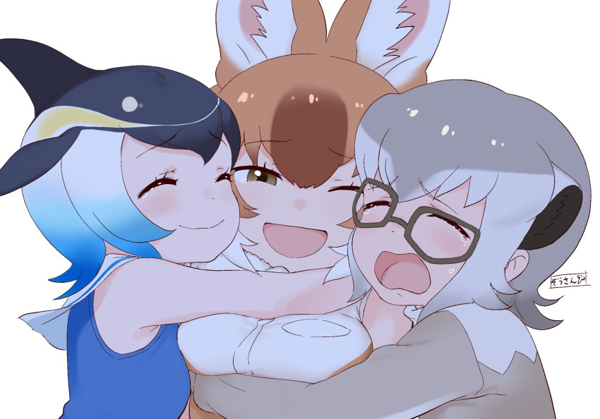 3girls animal_ears black_hair blonde_hair blowhole blue_dress blue_hair brown_eyes close-up closed_eyes common_dolphin_(kemono_friends) crying dhole_(kemono_friends) dog_ears dog_girl dorsal_fin dress extra_ears eyebrows_visible_through_hair girl_sandwich glasses gradient_hair grey_hair highres hug kemono_friends kemono_friends_3 light_brown_hair masuyama_ryou meerkat_(kemono_friends) meerkat_ears multicolored_hair multiple_girls one_eye_closed sailor_collar sandwiched short_hair sleeveless smile tears upper_body white_hair