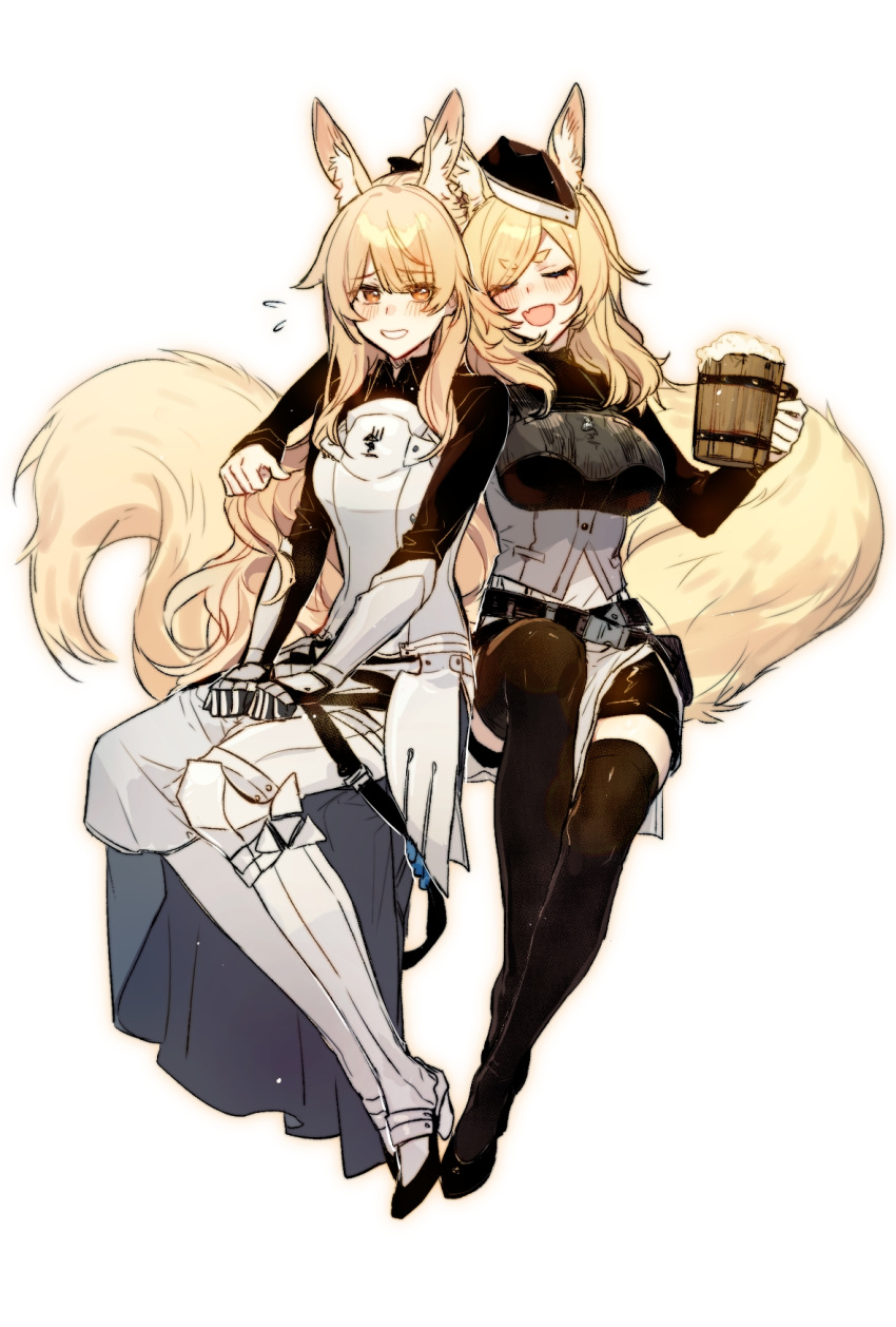 2girls alcohol animal_ear_fluff animal_ears arknights arm_around_shoulder armor armored_boots aunt_and_niece beer beer_mug belt black_footwear black_legwear blemishine_(arknights) boots chinese_commentary closed_eyes commentary cup drinking drunk english_commentary extra_ears eyebrows_visible_through_hair fang full_body gauntlets hat highres holding holding_cup horse_ears horse_tail looking_at_viewer mixed-language_commentary mug multiple_belts multiple_girls nervous nervous_smile open_mouth simple_background sitting skin_fang smile tail taziku thigh-highs thighs v-shaped_eyebrows whislash_(arknights) white_background yellow_eyes zettai_ryouiki