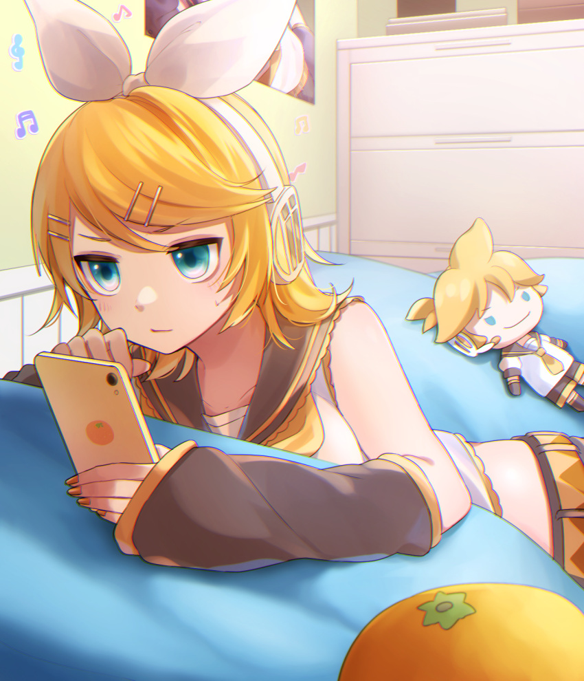 1girl aqua_eyes bare_shoulders bedroom blonde_hair bow cellphone collarbone detached_sleeves focused food fruit hair_bow hair_ornament hairclip headphones headset highres holding holding_phone kagamine_rin lying on_bed on_stomach orange phone poster_(object) sailor_collar serious shelf shirt short_hair shorts sleeveless sleeveless_shirt solo soramame_pikuto stuffed_toy sweatdrop vocaloid