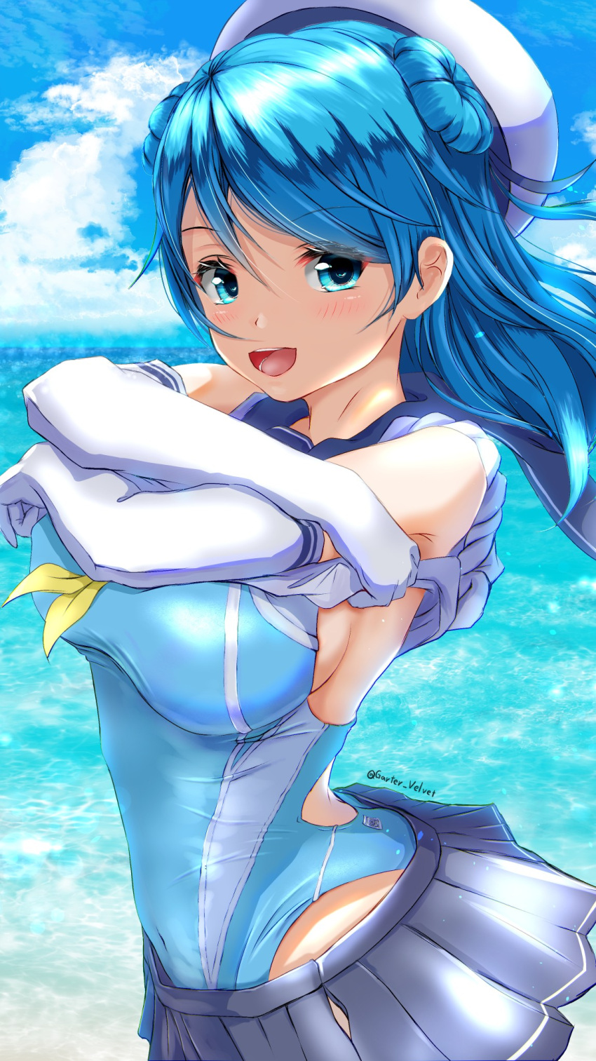 1girl blue_eyes blue_hair blue_sky blue_swimsuit breasts clouds competition_swimsuit cowboy_shot day double_bun elbow_gloves garter-velvet gloves grey_skirt hat highres horizon kantai_collection large_breasts neckerchief ocean one-piece_swimsuit outdoors pleated_skirt sailor_hat school_uniform serafuku shirt_lift skirt sky sleeves_rolled_up solo standing swimsuit undressing urakaze_(kantai_collection) white_headwear yellow_neckwear