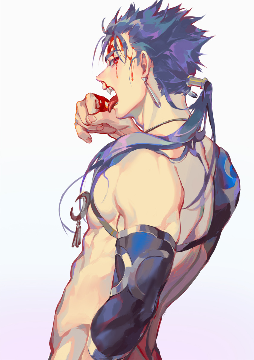 1boy back beads blood blue_hair crescent_necklace cu_chulainn_(fate)_(all) detached_sleeves earrings fang fate/grand_order fate_(series) from_side hair_beads hair_ornament highres jewelry lancer licking long_hair looking_at_viewer looking_back male_focus muscle open_mouth ponytail red_eyes shirtless slit_pupils solo spiky_hair strap taro-k tongue tongue_out type-moon