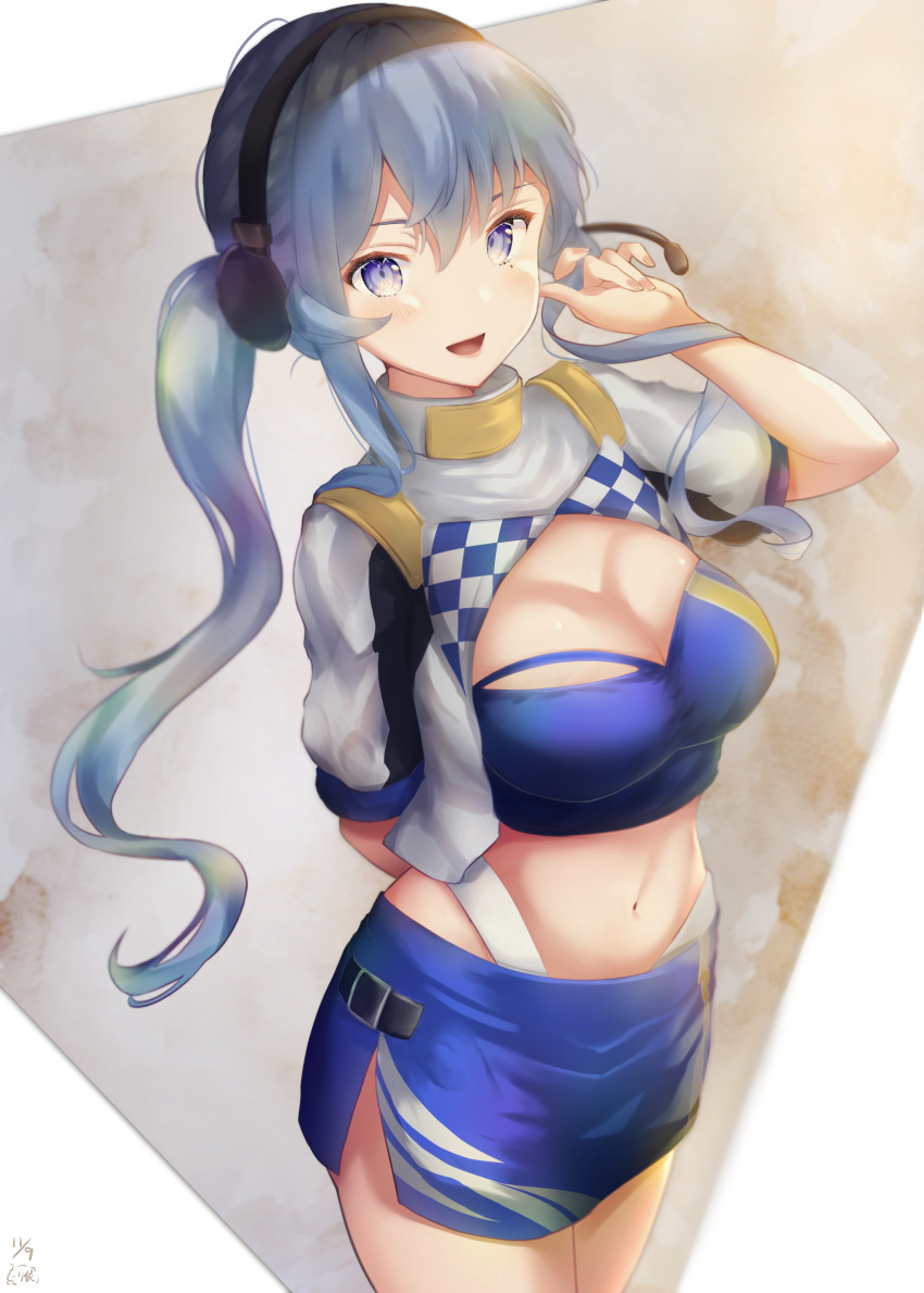 1girl :d absurdres bandeau blue_eyes blue_hair blue_skirt blush breasts cowboy_shot cropped_jacket dated gotland_(kantai_collection) hair_between_eyes headphones highres jacket kantai_collection long_hair medium_breasts mole mole_under_eye navel open_mouth racequeen shanghmely short_sleeves signature skirt smile solo white_jacket