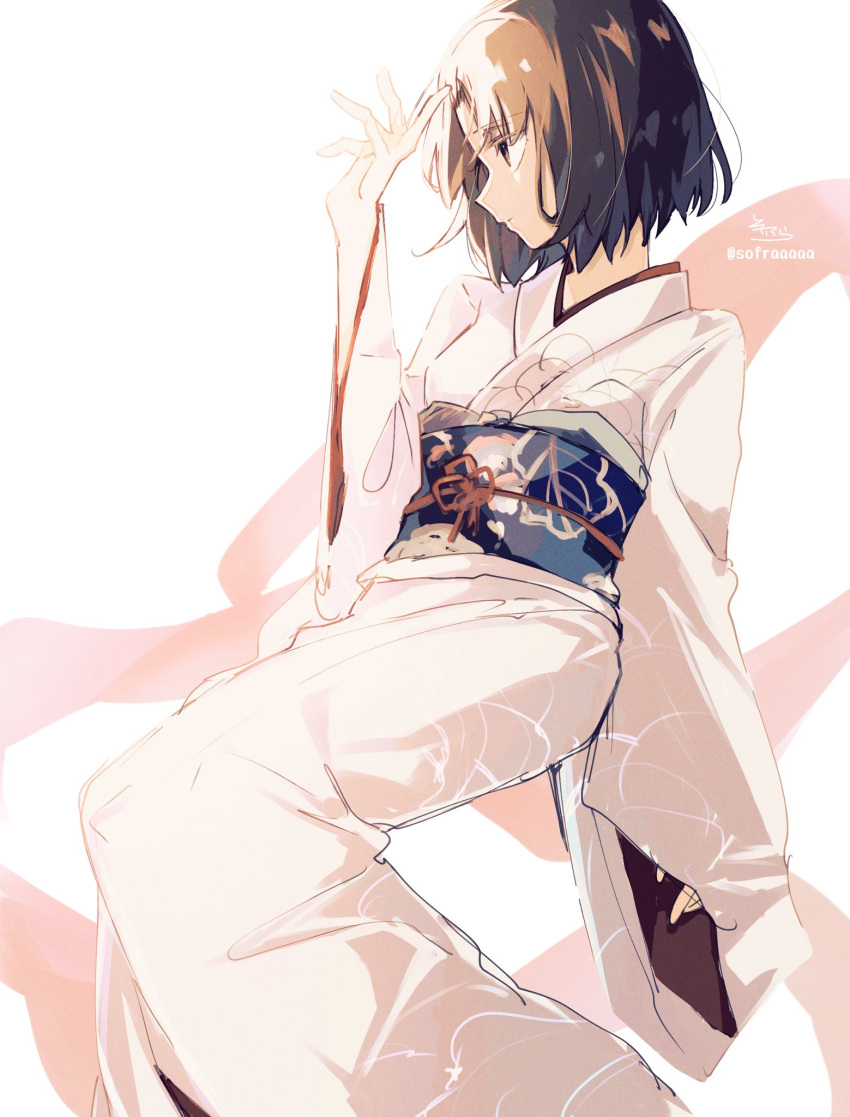 1girl arm_up brown_eyes brown_hair brown_ribbon closed_mouth commentary_request from_side highres japanese_clothes kara_no_kyoukai kimono long_sleeves looking_away obi ribbon ryougi_shiki sash short_hair signature sleeves_past_wrists sofra solo twitter_username white_background white_kimono wide_sleeves