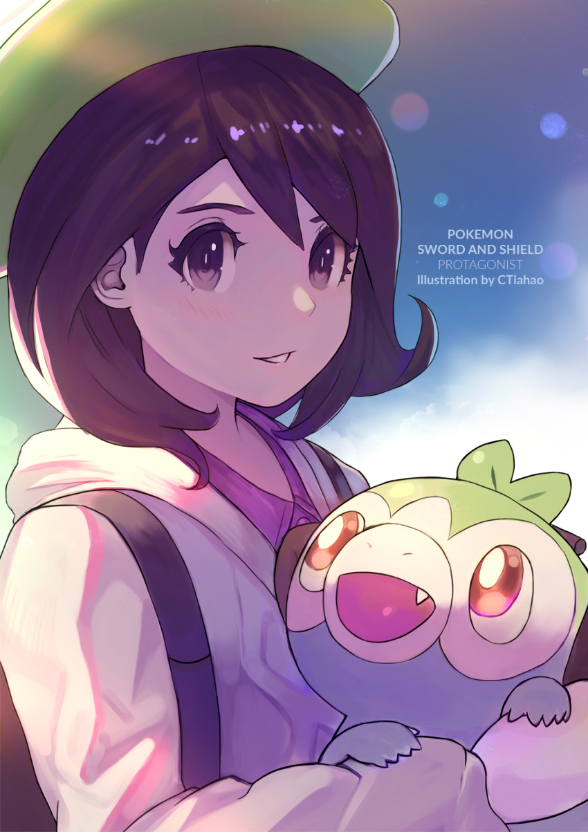 1girl artist_name backpack bag blush brown_eyes brown_hair buttons cardigan character_name collared_dress commentary_request copyright_name ctiahao dress eyelashes fang gen_8_pokemon gloria_(pokemon) green_headwear grey_cardigan grookey hat highres holding holding_pokemon long_sleeves looking_to_the_side parted_lips pink_dress pokemon pokemon_(creature) pokemon_(game) pokemon_swsh smile starter_pokemon tam_o'_shanter upper_body