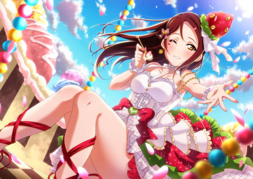 1girl absurdres blue_sky blurry_foreground blush bow clouds collarbone day dress floating_hair hair_bow highres kougi_hiroshi leg_ribbon long_hair looking_at_viewer love_live! love_live!_sunshine!! one_eye_closed outdoors petals red_bow red_ribbon redhead ribbon sakurauchi_riko sitting sky sleeveless sleeveless_dress solo striped striped_bow white_dress wrist_cuffs yellow_eyes