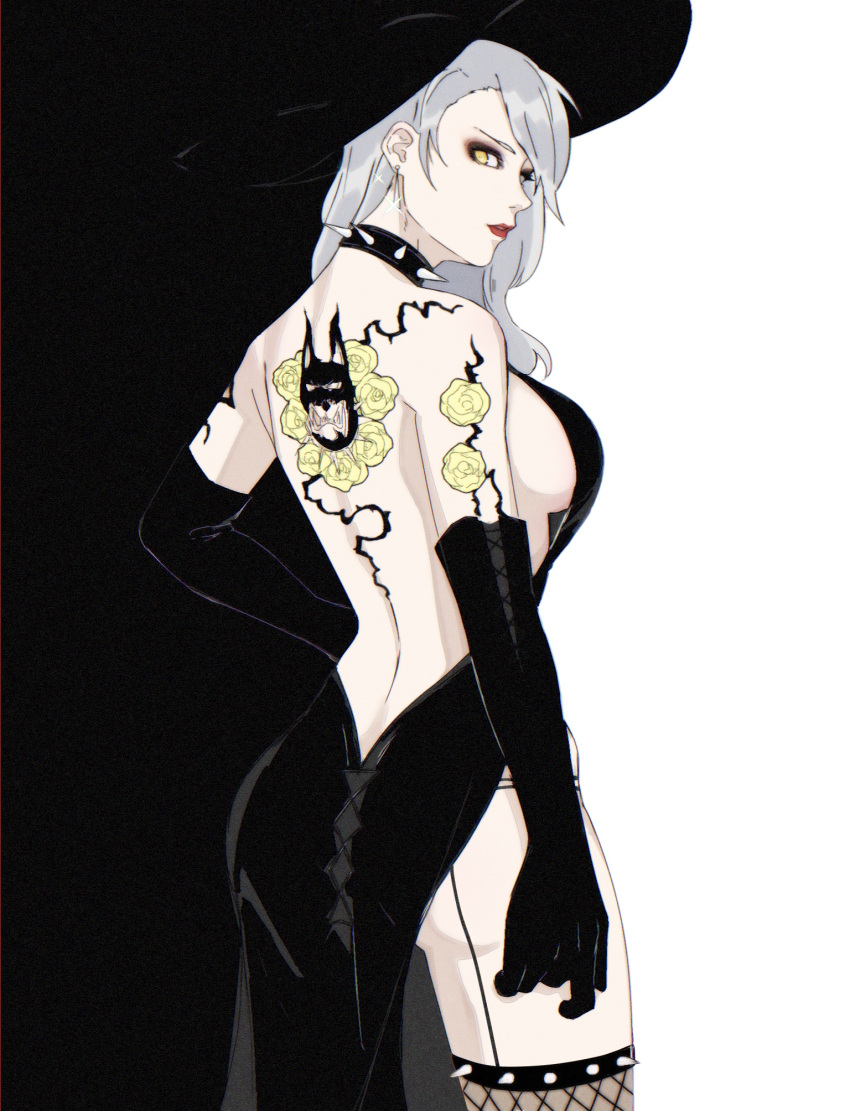 1girl ass back_tattoo backless_dress backless_outfit black_dress black_headwear breasts collar commentary_request dress earrings elbow_gloves eyeliner fishnet_legwear fishnets flower garter_straps gloves hair_behind_ear hashimo hat highres jewelry large_breasts long_hair makeup niijima_sae pale_skin persona persona_5 red_lips rose shadow_(persona) shadow_sae shoulder_tattoo side_slit sideboob silver_hair spiked_collar spiked_hood spikes tattoo thighs yellow_eyes yellow_flower yellow_rose