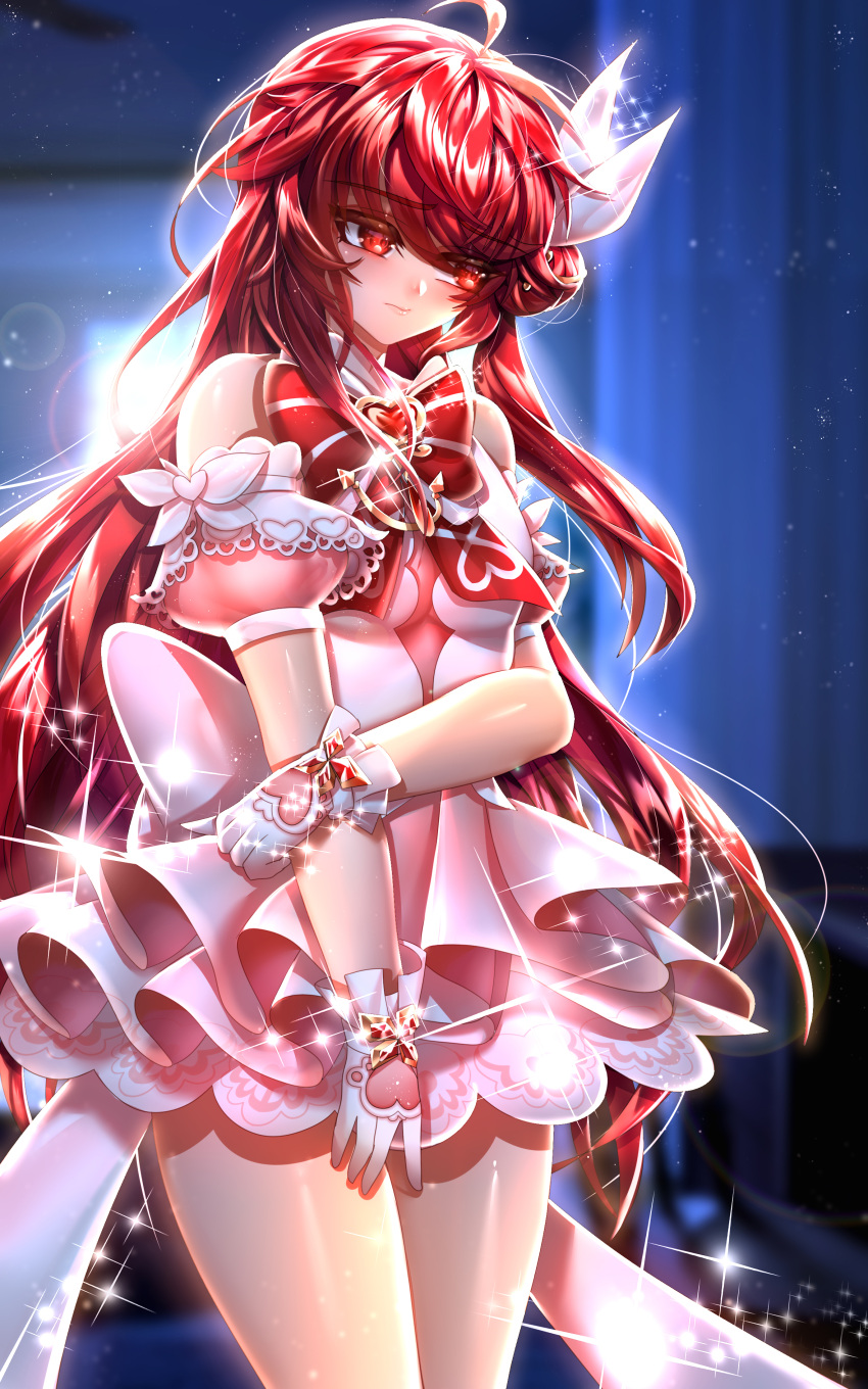 1girl absurdres ahoge bangs been blurry blurry_background blush bow bowtie closed_mouth cowboy_shot detached_sleeves dress elesis_(elsword) elsword eyebrows_visible_through_hair floating_hair gloves hair_between_eyes hair_bow heart heart_print highres layered_dress long_hair looking_away pink_dress pink_sleeves print_gloves red_bow red_eyes red_neckwear redhead shiny shiny_hair shiny_skin short_dress short_sleeves sleeveless sleeveless_dress smile solo sparkle standing striped striped_bow striped_neckwear tied_hair very_long_hair white_bow white_gloves