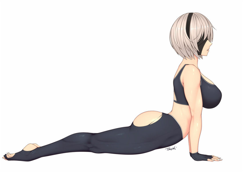 1girl artist_name bangs bare_shoulders black_hairband blindfold breasts commentary_request fingerless_gloves from_side full_body gloves hairband large_breasts lying midriff nier_(series) nier_automata on_stomach open_mouth pants ryu_seung shiny shiny_hair shiny_skin short_hair sideboob simple_background skin_tight sleeveless solo sports_bra toes torn_clothes white_background white_hair yoga yorha_no._2_type_b