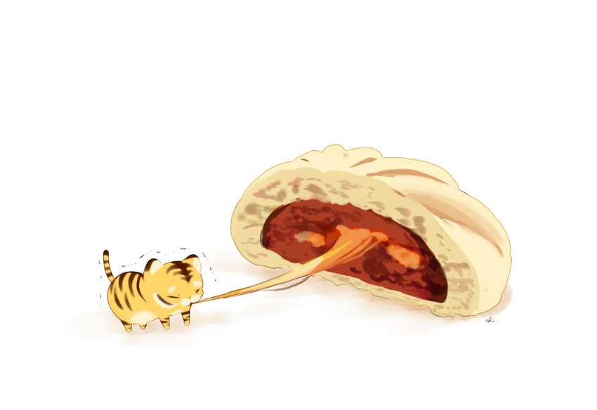 baozi chai cheese cheese_trail eating food highres no_humans original pizza_bun signature solo tiger trembling undersized_animal white_background