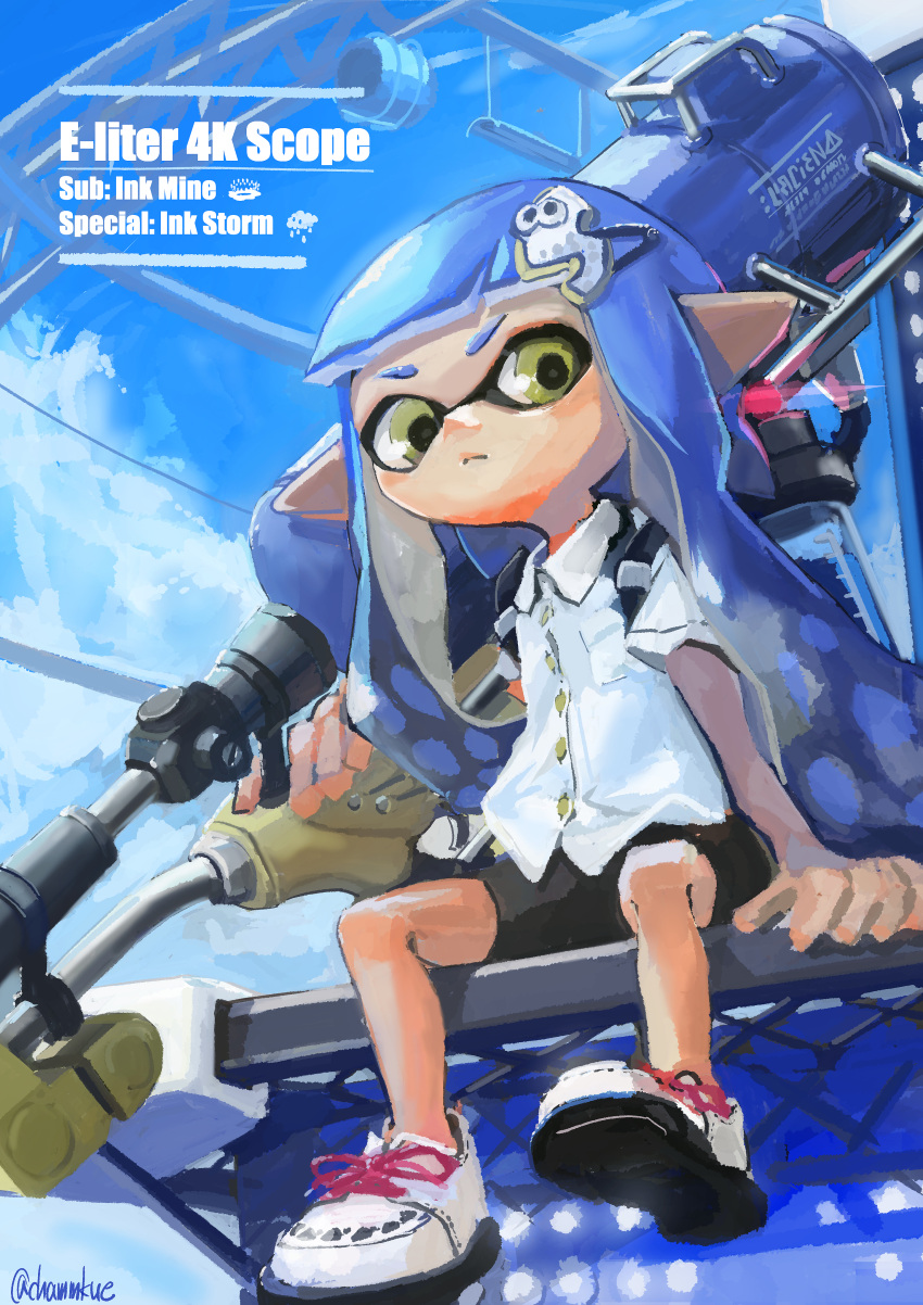 1girl absurdres bike_shorts blue_hair blue_sky buttons chamu_(chammkue) closed_mouth clouds collared_shirt day domino_mask dress_shirt e-liter_4k_(splatoon) frown green_eyes highres huge_filesize ink_tank_(splatoon) inkling long_hair mask outdoors pointy_ears shirt shoelaces shoes short_sleeves sitting sky solo splatoon_(series) splatoon_2 tentacle_hair twitter_username very_long_hair white_footwear white_shirt