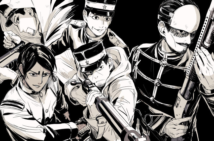 5boys absurdres aiming arisaka bangs bolt_action commentary_request facial_hair facial_scar facial_tattoo forehead_protector goatee golden_kamuy greyscale grin gun hair_slicked_back hand_on_hilt hat highres holding holding_gun holding_weapon hood hood_down hood_up hooded_jacket jacket koito_otonoshin long_sleeves looking_away male_focus military military_hat military_uniform monochrome multiple_boys mustache ogata_hyakunosuke parted_bangs profile rifle scar short_hair shotgun simple_background smile sword tattoo tsukishima_hajime tsurumi_tokushirou uniform upper_body usami_tokishige weapon yuu_(isis7796)