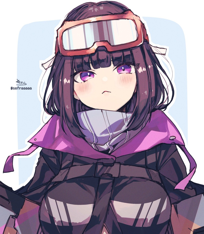 1girl :&lt; bangs black_hair black_jacket blue_background blush breasts closed_mouth commentary_request eyebrows_visible_through_hair fate/grand_order fate_(series) goggles goggles_on_head high_collar highres jacket long_hair medium_breasts osakabe-hime_(fate/grand_order) outline signature ski_goggles sofra solo twitter_username two-tone_background upper_body violet_eyes white_background white_outline