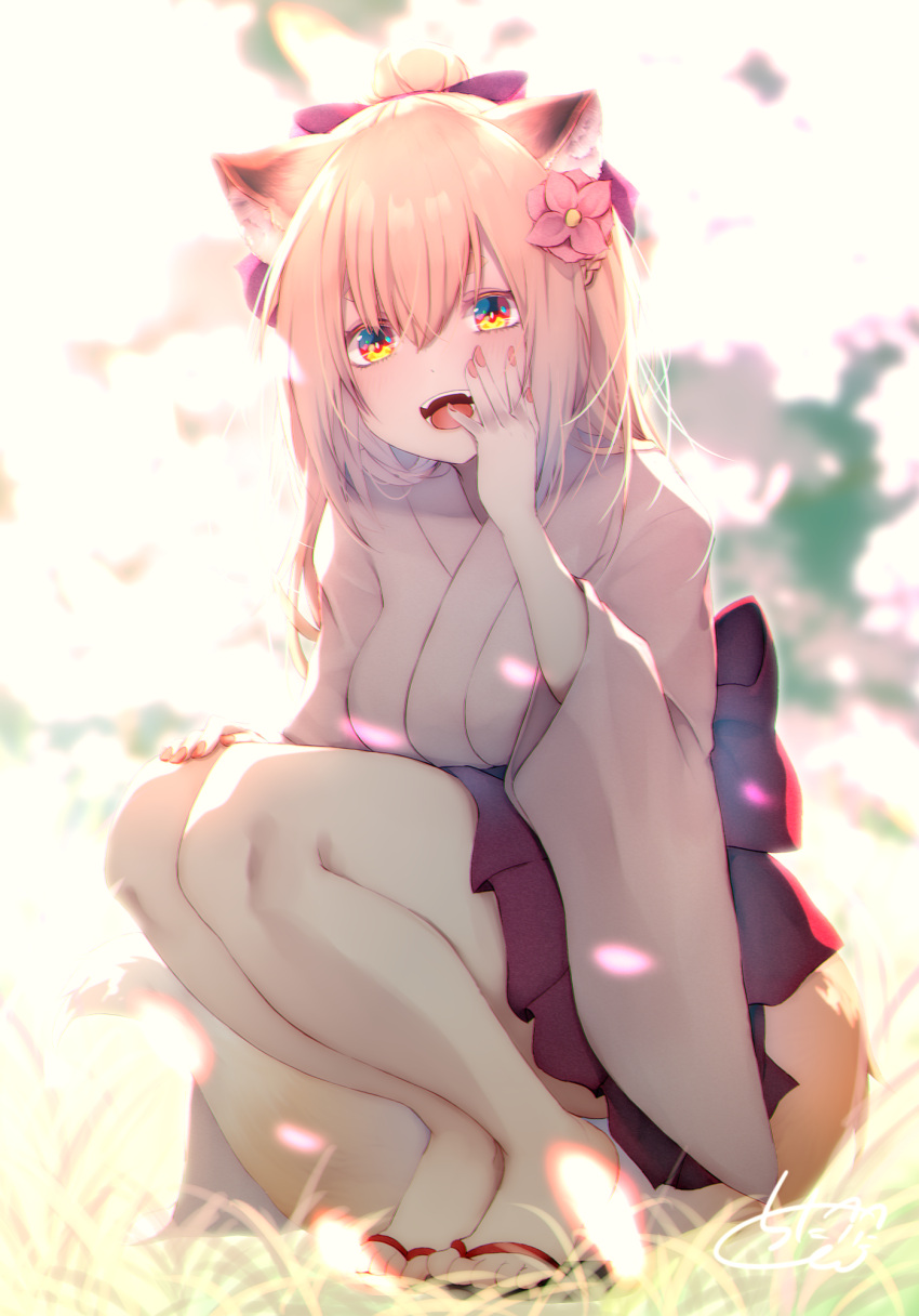 1girl animal_ear_fluff animal_ears bangs blonde_hair blurry blurry_background bow breasts chita_(ketchup) crossed_bangs flip-flops flower fox fox_ears fox_girl fox_tail grass hair_between_eyes hair_bow hair_flower hair_ornament hand_on_own_cheek hand_on_own_knee highres japanese_clothes kimono large_breasts long_hair looking_at_viewer nail_polish open_mouth original pleated_skirt red_skirt sandals short_eyebrows sidelocks skirt squatting tail thick_eyebrows tied_hair tongue wide_sleeves yellow_eyes