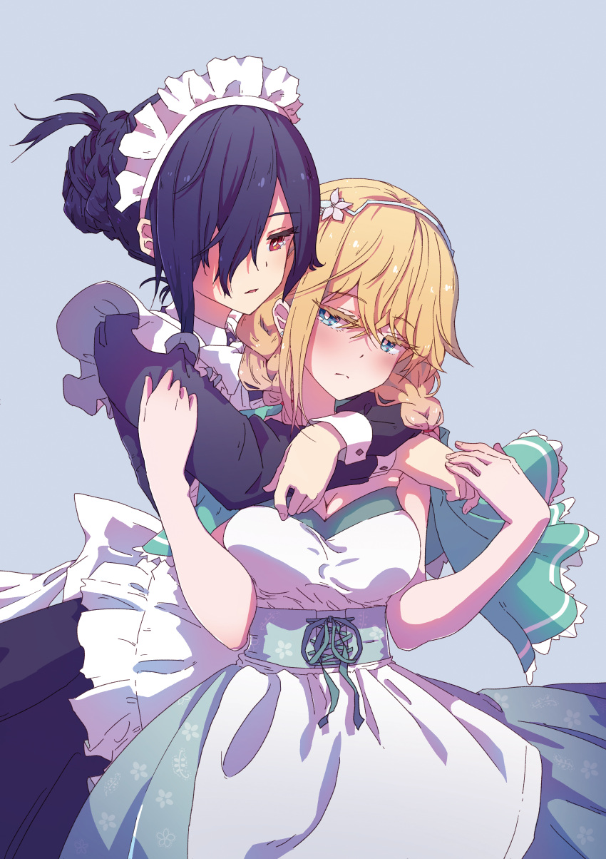 absurdres apron aqua_background aqua_dress arms_around_neck bangs black_dress black_hair blonde_hair blue_eyes blush braid breasts dress earrings eyebrows_behind_hair eyebrows_visible_through_hair frilled_apron frills hair_between_eyes hair_bun hair_ornament hair_over_one_eye headband highres hug hug_from_behind jewelry kagawa_yuusaku long_bangs long_sleeves looking_at_another looking_to_the_side maid maid_apron maid_headdress official_art original patterned_clothing red_eyes sidelocks simple_background sleeveless sleeveless_dress twin_braids yuri