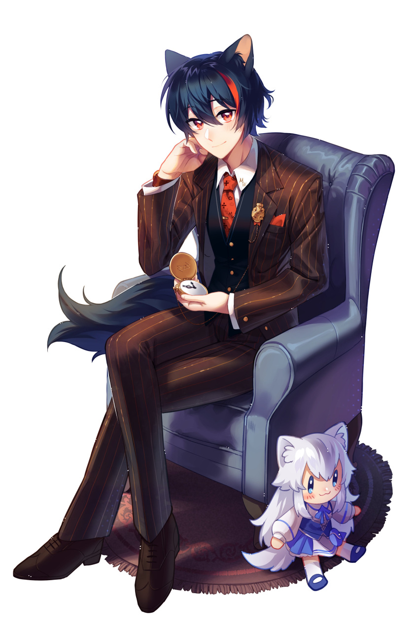 1boy absurdres animal_ears armchair black_hair black_vest buttons carpet chair character_doll closed_mouth dog_boy dog_ears dog_tail formal highres indie_virtual_youtuber isakysaku jacket light_smile lumi_(merryweather) male_focus merry_(vtuber) multicolored_hair necktie pants pocket_watch red_eyes red_neckwear redhead shirt simple_background sitting solo streaked_hair suit tail vest virtual_youtuber watch white_background white_shirt