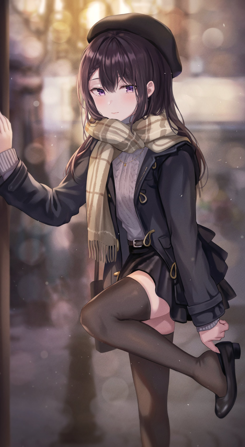 1girl absurdres beret black_footwear black_jacket blush brown_legwear commentary_request hat high_heels highres jacket jewelry long_hair necklace original pleated_skirt scarf skirt snowing solo sweat thigh-highs tokkyu violet_eyes winter_clothes zettai_ryouiki