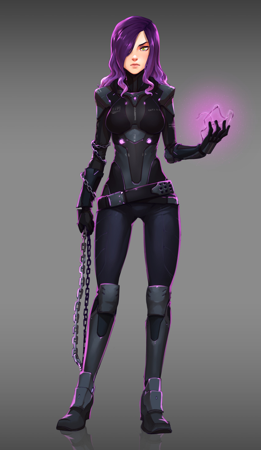 1girl absurdres armor belt black_gloves breasts chain d-rex full_body gloves green_eyes grey_background hair_over_one_eye high_collar highres lips long_hair looking_at_viewer medium_breasts original purple_hair reflective_floor shoulder_armor solo standing wrist_guards