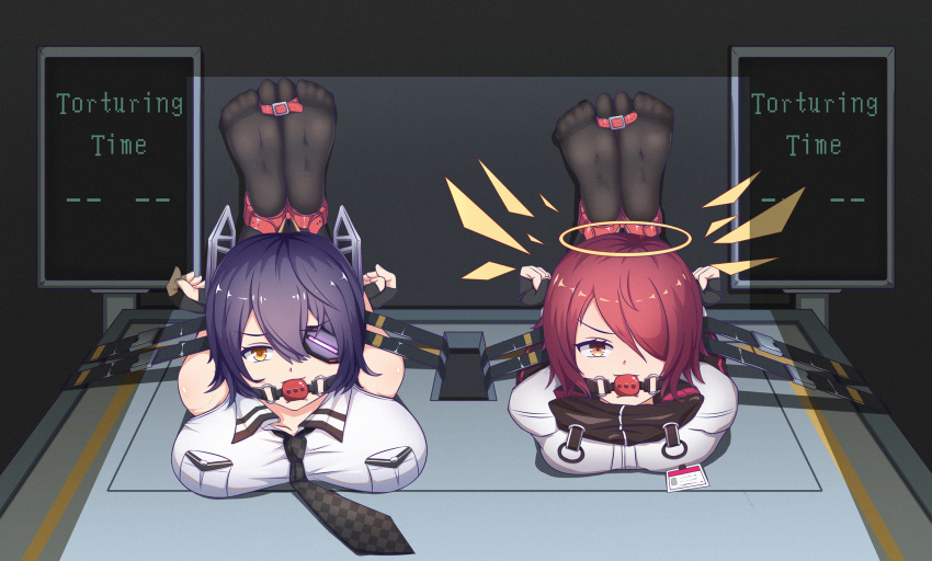 2girls arknights artist_request ball_gag bdsm bondage bound breasts checkered checkered_neckwear exusiai_(arknights) eyepatch feet gag hair_over_one_eye halo highres kantai_collection multiple_girls no_shoes purple_hair redhead short_hair soles tenryuu_(kantai_collection) yellow_eyes