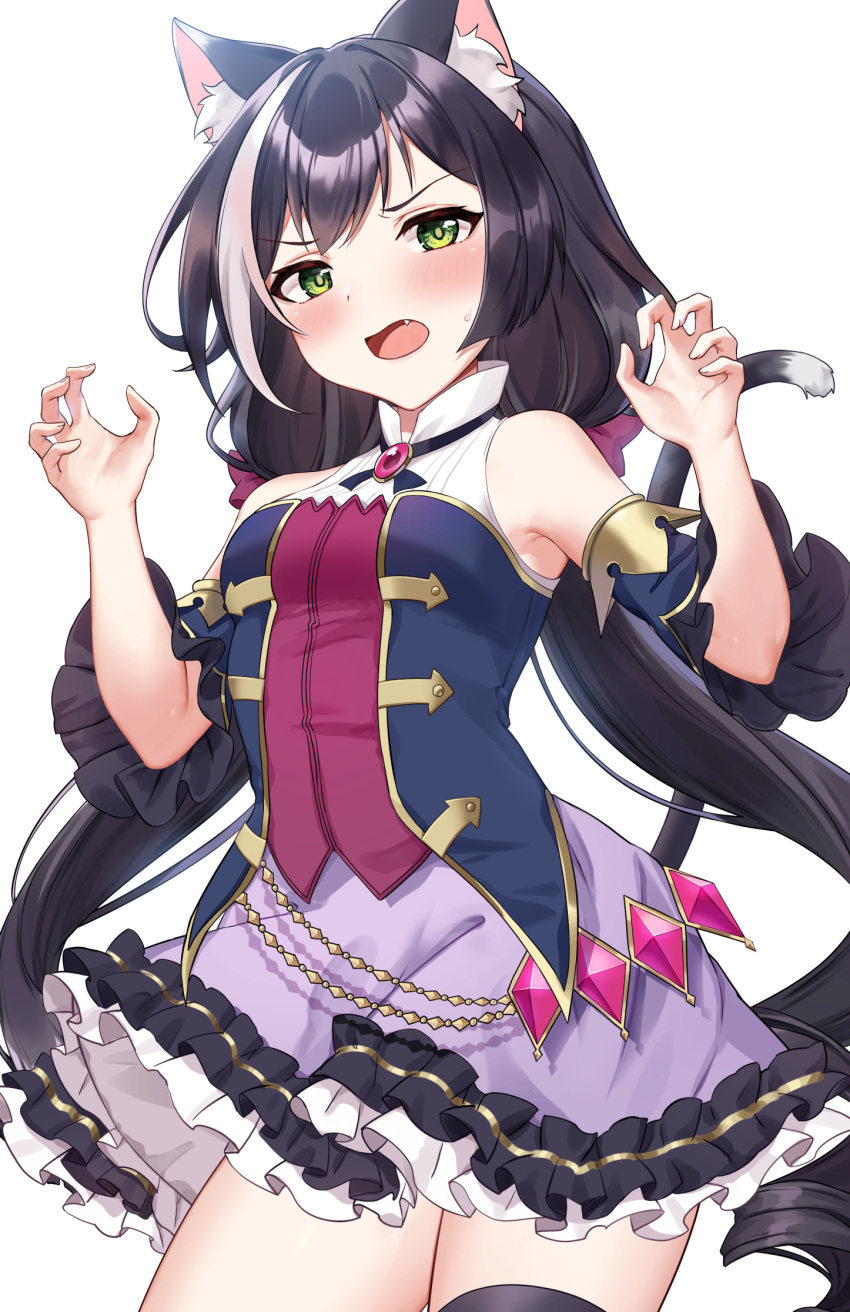 1girl animal_ears black_hair black_legwear blush cat_ears cat_tail detached_sleeves fang green_eyes hands_up highres karyl_(princess_connect!) long_hair looking_at_viewer low_twintails multicolored_hair open_mouth pn_(wnsl216) princess_connect! princess_connect!_re:dive purple_skirt simple_background skirt solo streaked_hair sweatdrop tail thigh-highs thighs twintails white_background white_hair