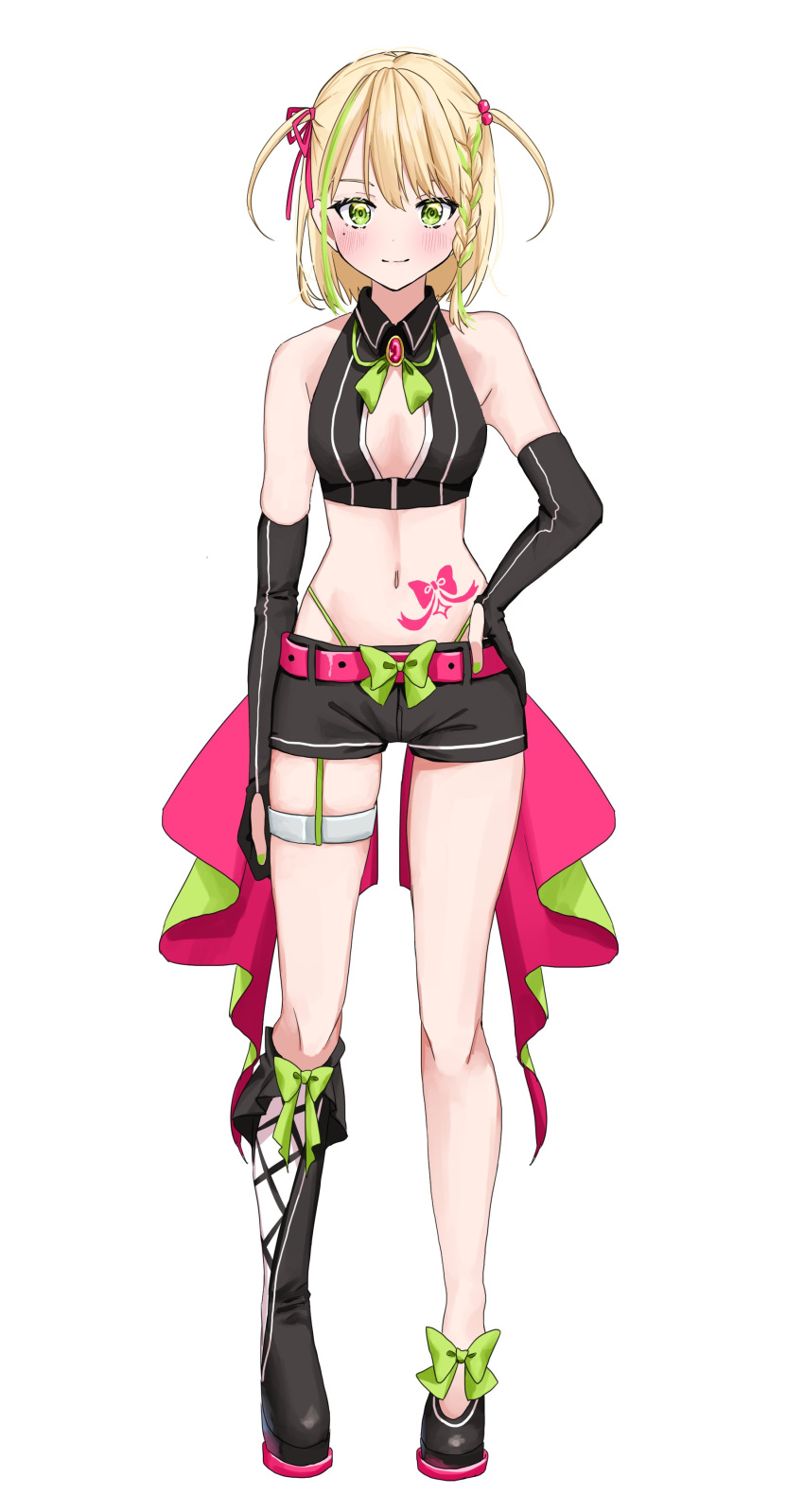 1girl absurdres asymmetrical_footwear asymmetrical_legwear bare_shoulders belt black_footwear blonde_hair blush chigusa_minori fuzuki_miki green_eyes hair_ornament hair_ribbon hand_on_hip highres indie_virtual_youtuber mole mole_under_eye multicolored_hair navel official_art ribbon ribbon-trimmed_legwear ribbon_trim shorts skindentation sleeveless streaked_hair tagme two_side_up virtual_youtuber