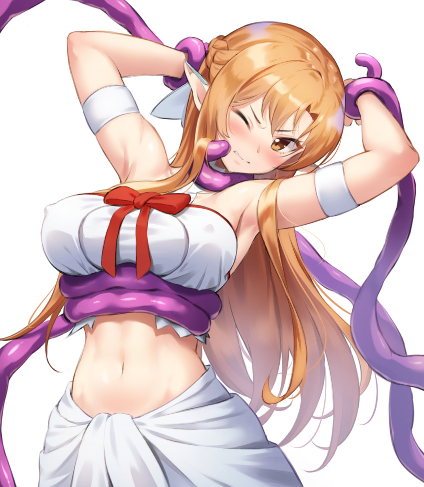 1girl acso armpits asuna_(sao) bangs bare_shoulders blush braid breasts brown_eyes brown_hair commentary_request ear_covers elf highres large_breasts long_hair looking_at_viewer midriff navel one_eye_closed pointy_ears restrained simple_background solo sword_art_online tentacles titania_(sao) white_background