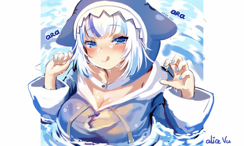 1girl alice_vu alternate_breast_size animal_hood ara_ara artist_name blue_eyes blush breasts breasts_day claw_pose gawr_gura hololive hololive_english hood large_breasts licking_lips looking_at_viewer shark_hood solo tongue tongue_out virtual_youtuber water white_hair