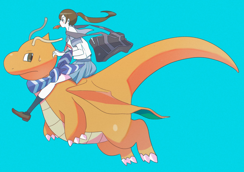 1girl absurdres aqua_background black_bag blush brown_footwear brown_hair choice_scarf claws commentary_request dragonite floating_hair food food_in_mouth gen_1_pokemon grey_skirt hair_tie highres mouth_hold pleated_skirt pokemon pokemon_(creature) ponytail riding_pokemon saiku_(zvlku) sailor_collar school_uniform shirt shoes short_sleeves simple_background sitting skirt socks tied_hair toast toast_in_mouth white_shirt