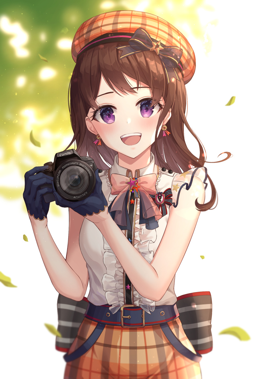 1girl :d back_bow bang_dream! bangs bare_shoulders beret black_gloves blush bow bowtie breasts brown_hair brown_headwear camera canon_(company) center_frills collared_shirt cowboy_shot earrings english_commentary eyebrows_visible_through_hair falling_leaves frills gloves hair_down hair_ornament half_gloves hat hat_bow highres holding holding_camera jewelry leaf long_hair looking_at_viewer medium_breasts open_mouth plaid plaid_headwear plaid_skirt reflection shirt sidelocks skirt sleeveless sleeveless_shirt smile solo ssalgolae standing toyama_kasumi upper_teeth violet_eyes white_shirt