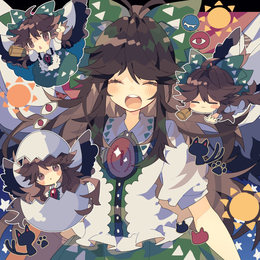 2girls arms_up black_wings blush blush_stickers bow brown_eyes brown_hair cape chibi closed_eyes commentary_request control_rod egg eggshell eggshell_hat eyes feathered_wings green_bow green_skirt hair_bow hatching highres kaenbyou_rin kaenbyou_rin_(cat) long_hair multiple_girls multiple_tails multiple_views nikorashi-ka open_mouth outstretched_arms paw_print puffy_short_sleeves puffy_sleeves reiuji_utsuho shirt short_sleeves skirt smile star_(symbol) star_print sun_(symbol) tail third_eye touhou triangle_mouth two_tails white_cape white_shirt wings