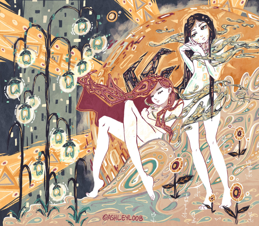 2girls abstract_background art_nouveau ashleyloob barefoot black_hair closed_eyes closed_mouth flat_color flower gustav_klimt_(style) hands_together highres legs_folded long_hair multiple_girls muted_color nude patterned_hair redhead sitting standing sun surreal twitter_username