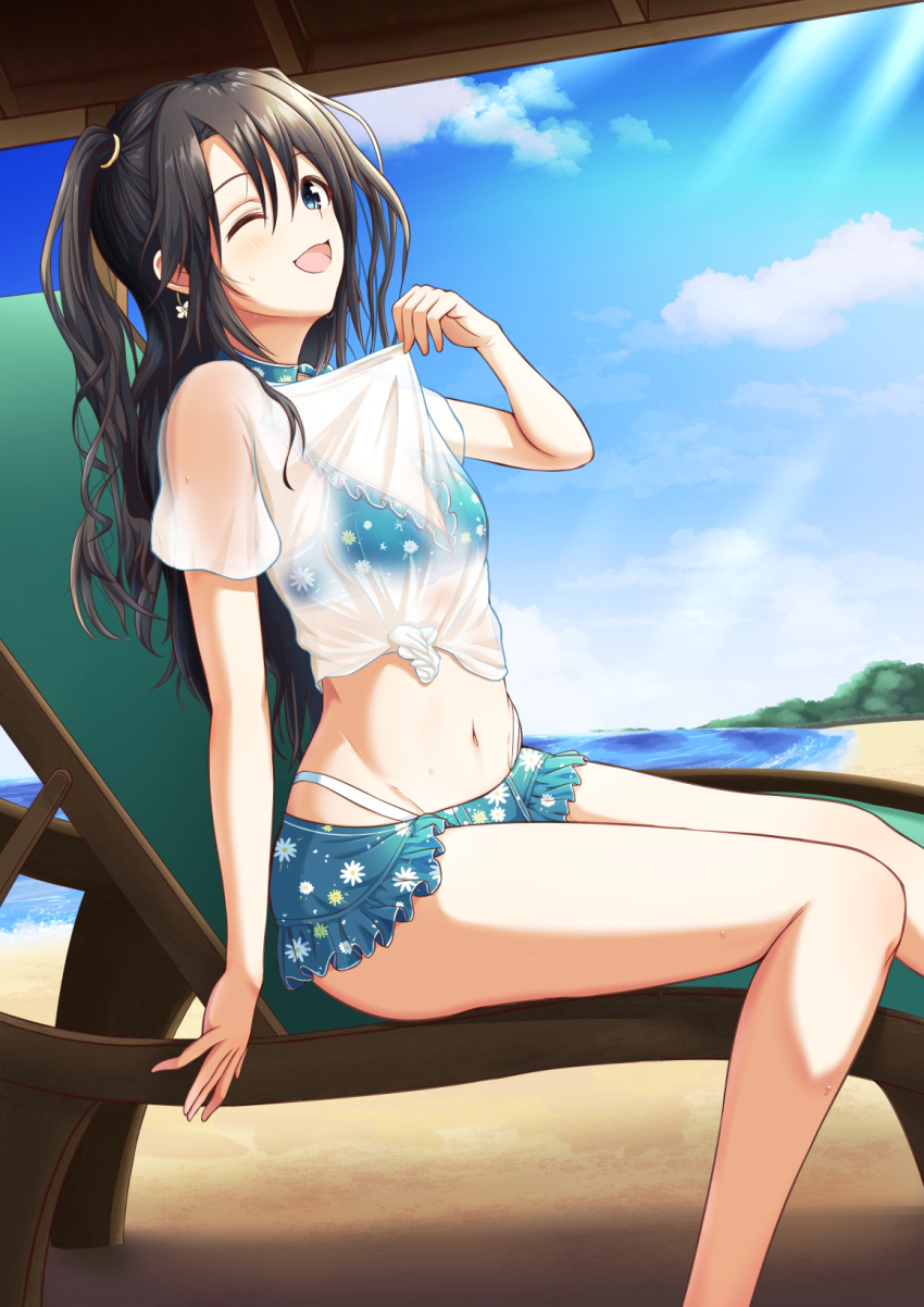 1girl bangs beach bikini black-framed_eyewear black_hair black_headwear black_shirt blue_eyes blush brown-framed_eyewear diagonal_bangs earrings flat_chest glasses hat highres idolmaster idolmaster_shiny_colors jacket jewelry l'antica miniskirt mitsumine_yuika nagmilk navel ocean open_mouth round_eyewear shirt skirt sky swimsuit twintails white-framed_eyewear