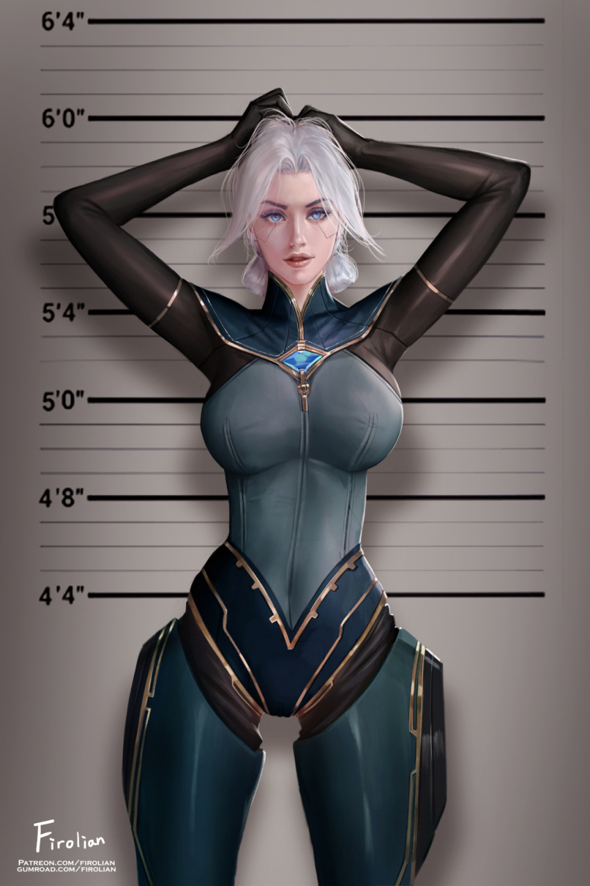 1girl arms_up blue_eyes bodysuit breasts camille_(league_of_legends) cyborg firolian hair_bun height_chart highres large_breasts league_of_legends lips mechanical_legs mugshot parted_lips short_hair solo white_hair