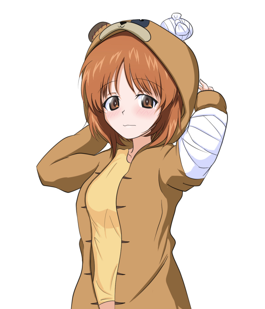 1girl animal_costume bandages bangs bear_costume blush boko_(girls_und_panzer) boko_(girls_und_panzer)_(cosplay) boko_dream breasts brown_eyes brown_hair closed_mouth collarbone cosplay eyebrows_visible_through_hair girls_und_panzer highres hood hoodie looking_at_viewer medium_breasts nishizumi_miho shiny shiny_hair short_hair sidelocks simple_background solo standing stuffed_animal stuffed_toy teddy_bear white_background