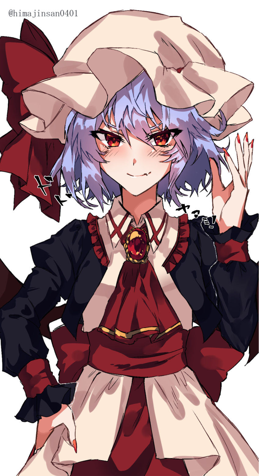 1girl blush bow brooch collared_dress cowboy_shot cravat dress fang fingernails hand_on_hip hand_up hat hat_bow highres himajinsan0401 jewelry light_blue_hair looking_at_viewer mob_cap puffy_sleeves red_bow red_eyes red_nails remilia_scarlet sharp_fingernails short_hair skin_fang smile solo touhou twitter_username waist_bow white_background