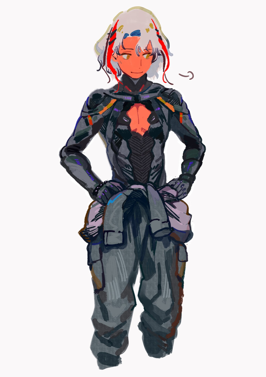 1boy bodysuit cleavage_cutout closed_mouth clothing_cutout fate/grand_order fate_(series) hair_intakes hands_on_hips highres jumpsuit looking_to_the_side male_focus multicolored_hair odysseus_(fate/grand_order) qmiqun simple_background solo streaked_hair tied_sleeves white_background white_hair yellow_eyes