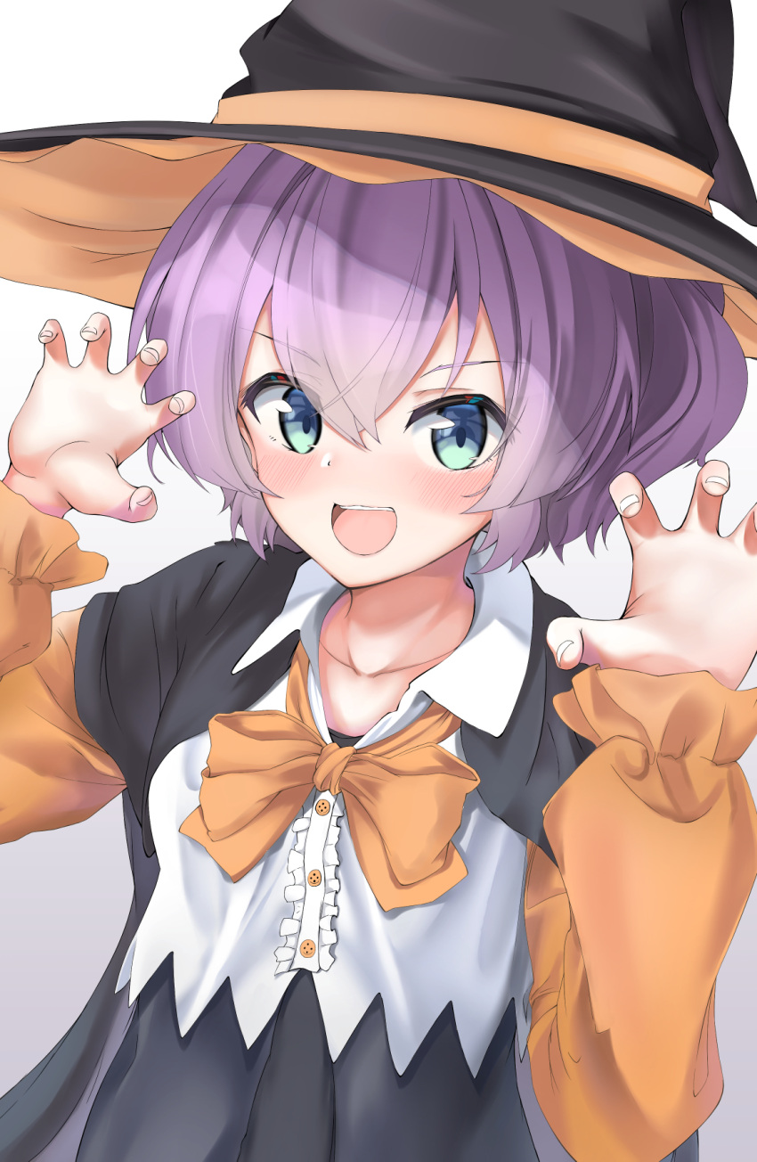 1girl :d aqua_eyes azur_lane bangs black_headwear black_robe blush bow bowtie claw_pose collarbone collared_shirt commentary_request crop_top eyebrows_visible_through_hair hair_between_eyes halloween halloween_costume hat high_ponytail highres javelin_(azur_lane) long_sleeves looking_at_viewer medium_hair micchamu open_mouth orange_neckwear orange_sleeves ponytail purple_hair shirt sidelocks simple_background smile solo standing upper_body upper_teeth white_background white_shirt wide_ponytail witch_costume witch_hat
